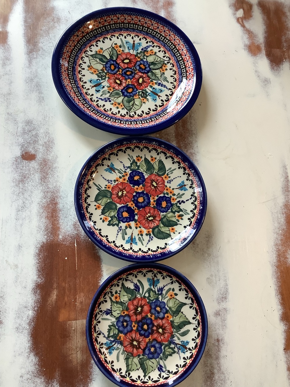 Set Of 3 Three UNIKAT Polish Pottery Plates Floral Butterfly
